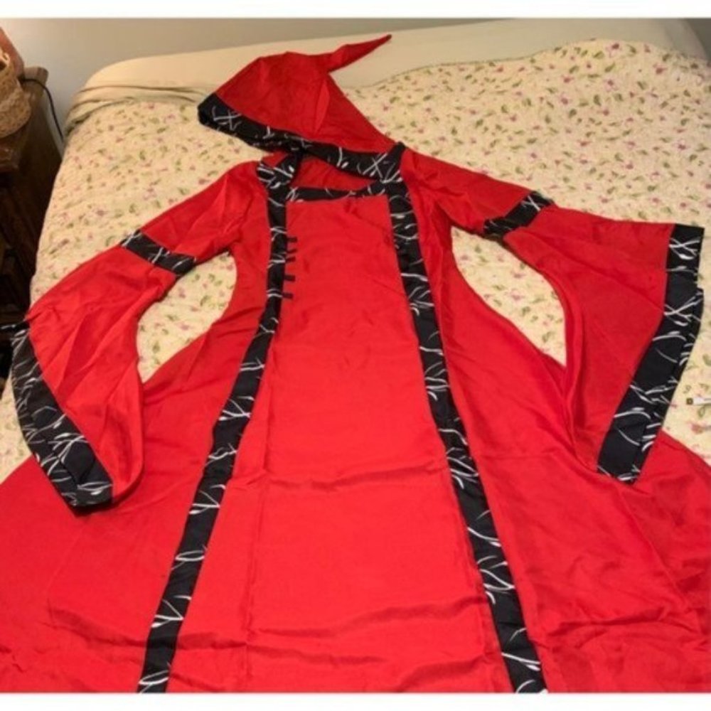 Red & Black Retro & Gothic Cosplay Dress Square Neck Flared Sleeves Full Skirt